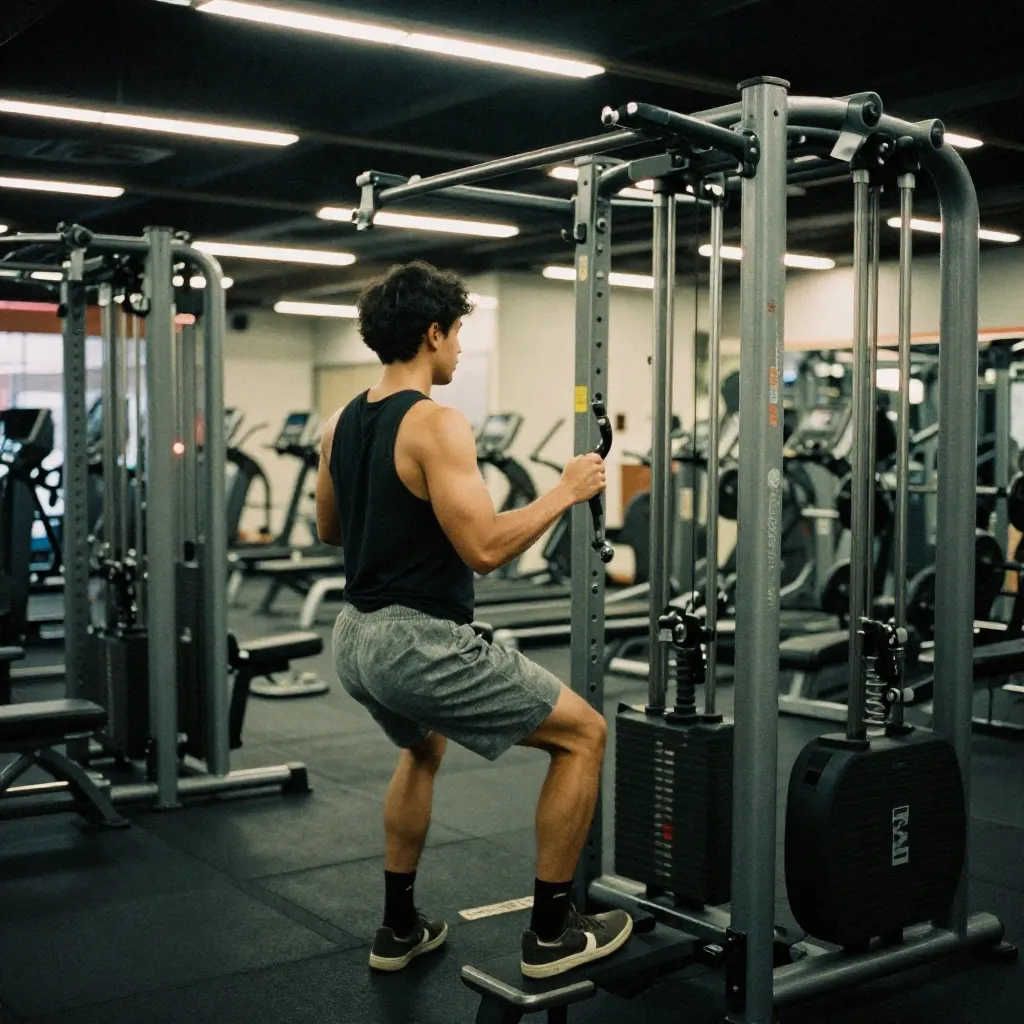 Athlete adjusting equipment in a dim training space