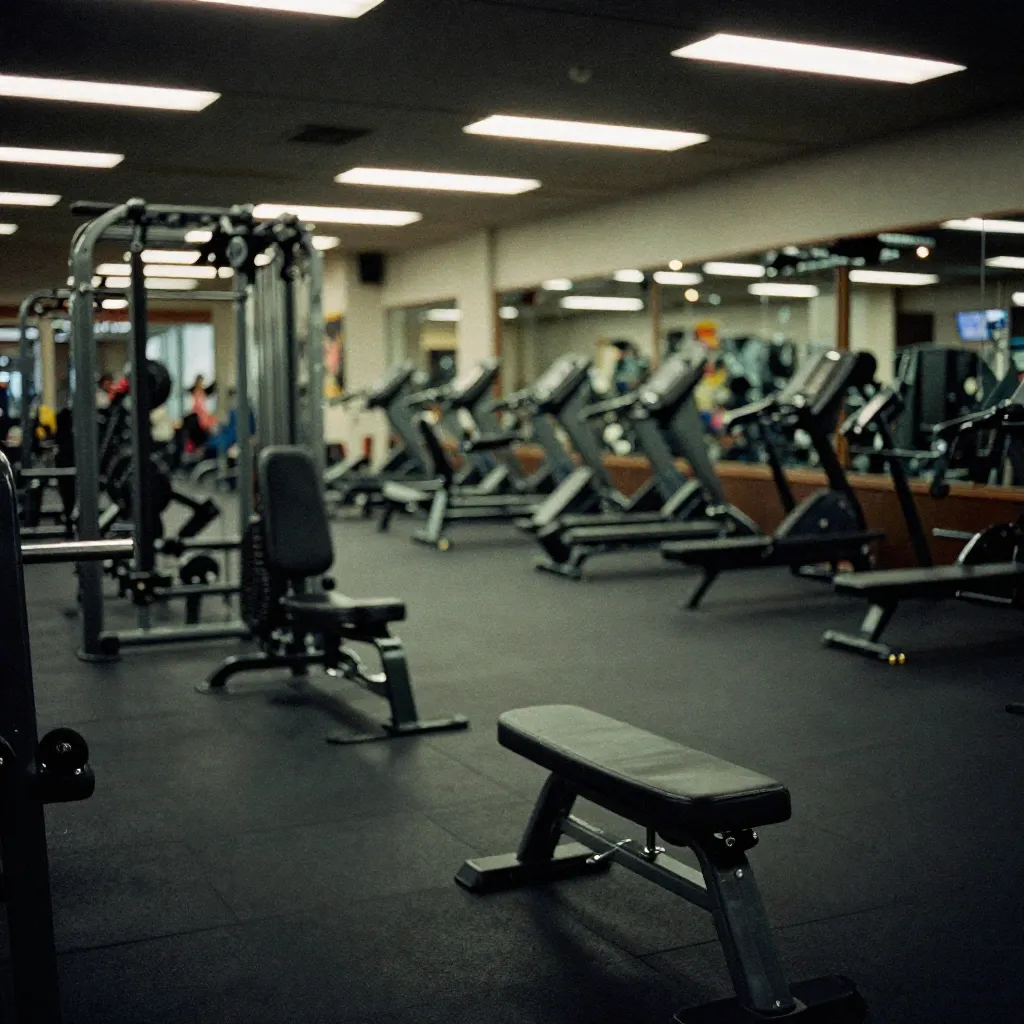 Rows of cardio machines under controlled lighting